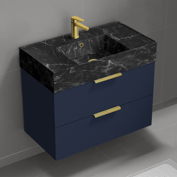 Bathroom Vanity Floating Bathroom Vanity, Modern, Blue, 32 Inch, Black Marble Style Sink, Gold Handles Nameeks DERIN886